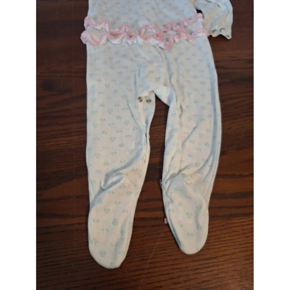 Baby Girls White Floral Footed Sleeper Ruffle Collar Pink Bows One Piece Pajamas